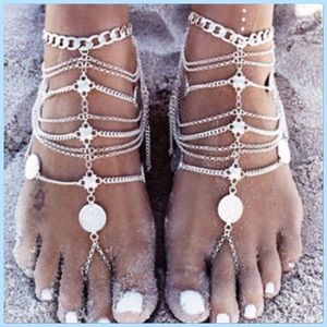 NWT Boho Silver Layer Tassel Beach Anklet Bracelet